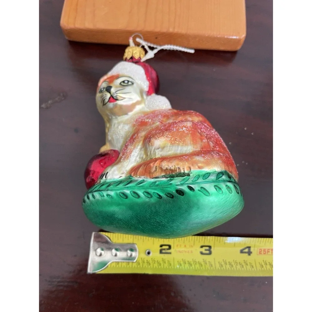 Vtg Christopher Radko Christmas Ornament Tabby Santa Hat Cat Green Bed Cat Lover